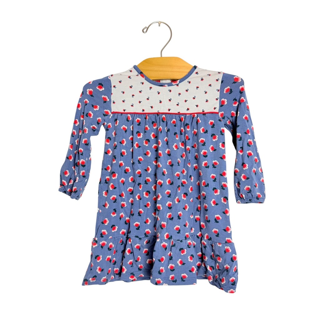 Baby Boden Blue Floral Jersey Dress Long Sleeve Ruffle Hem 6-12 Months